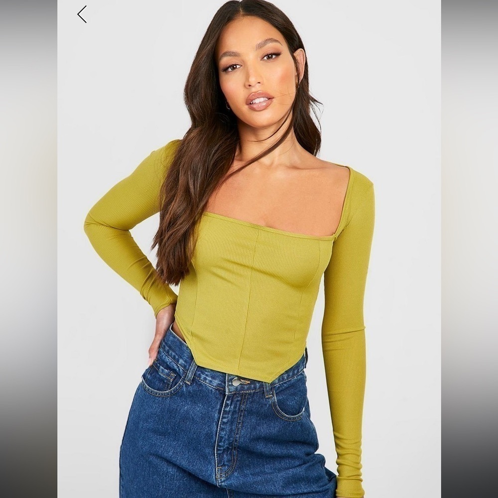 Tall Rib‎ Corset Detail Longsleeve Top- green size 10